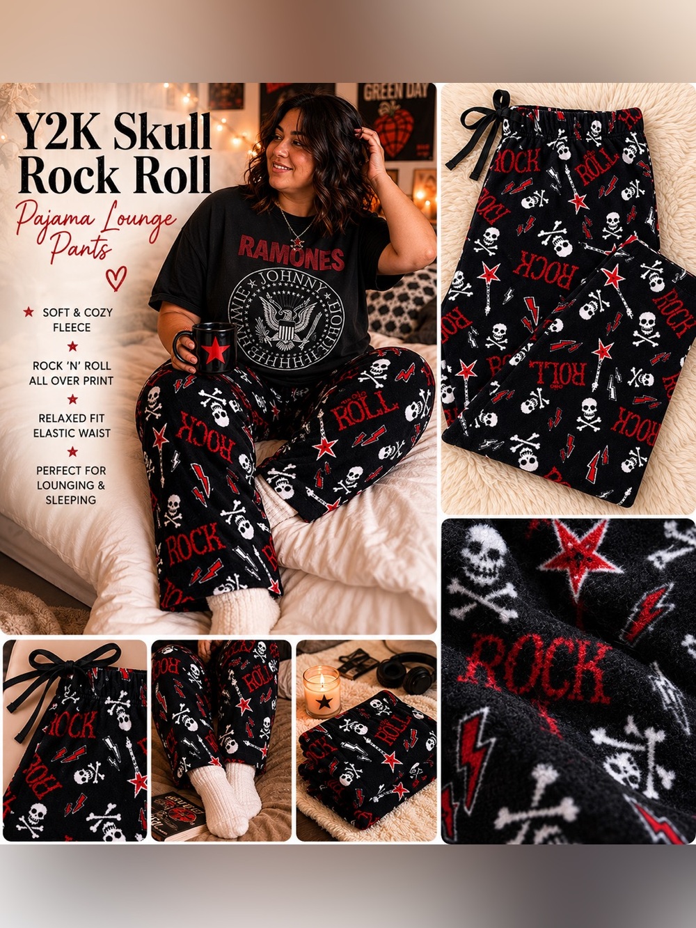 Y2K Skull Rock Roll Fleece Pajama Lounge Pants XL - Picture 2 of 2